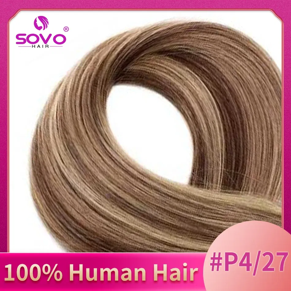 Color: #P4/27, Length: 16inches - SOVO Clip In Hair Extensions Human Hair 3 Pieces Bone Straight Clip Ins Hair Extension 60-90G Real Natural European Hair 12-26"