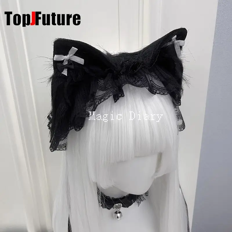 Color: black, Size: One Size - Japanese Subculture Y2K Girls Cosplay Lace Ruffle Beast ear Hair band Gothic Lolita Harajuku Women's Hair hoops Hair Accessories
