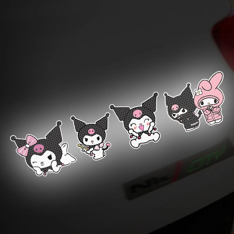 Color: WHITE - Anime Kuromi Hellokitty Car Sticker Reflective Warning Safety Tape Anti Collision Reflective Sticker Car Accessories