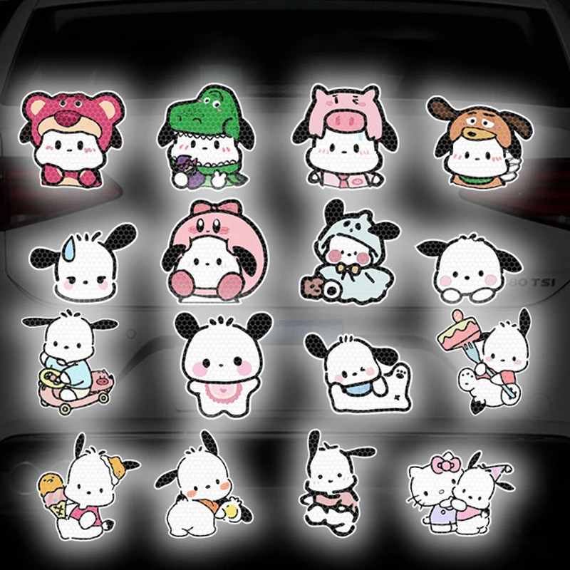 Color: WHITE - Anime Kuromi Hellokitty Car Sticker Reflective Warning Safety Tape Anti Collision Reflective Sticker Car Accessories
