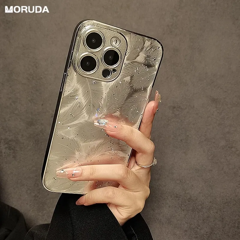 Color: Beige, Material: PU - Luxury Plating Feather Phone Cover For iPhone 12 Pro 14 13 11 15 Pro Max Hard Anti-drop Lens Protection Case For iPhone 15 Plus