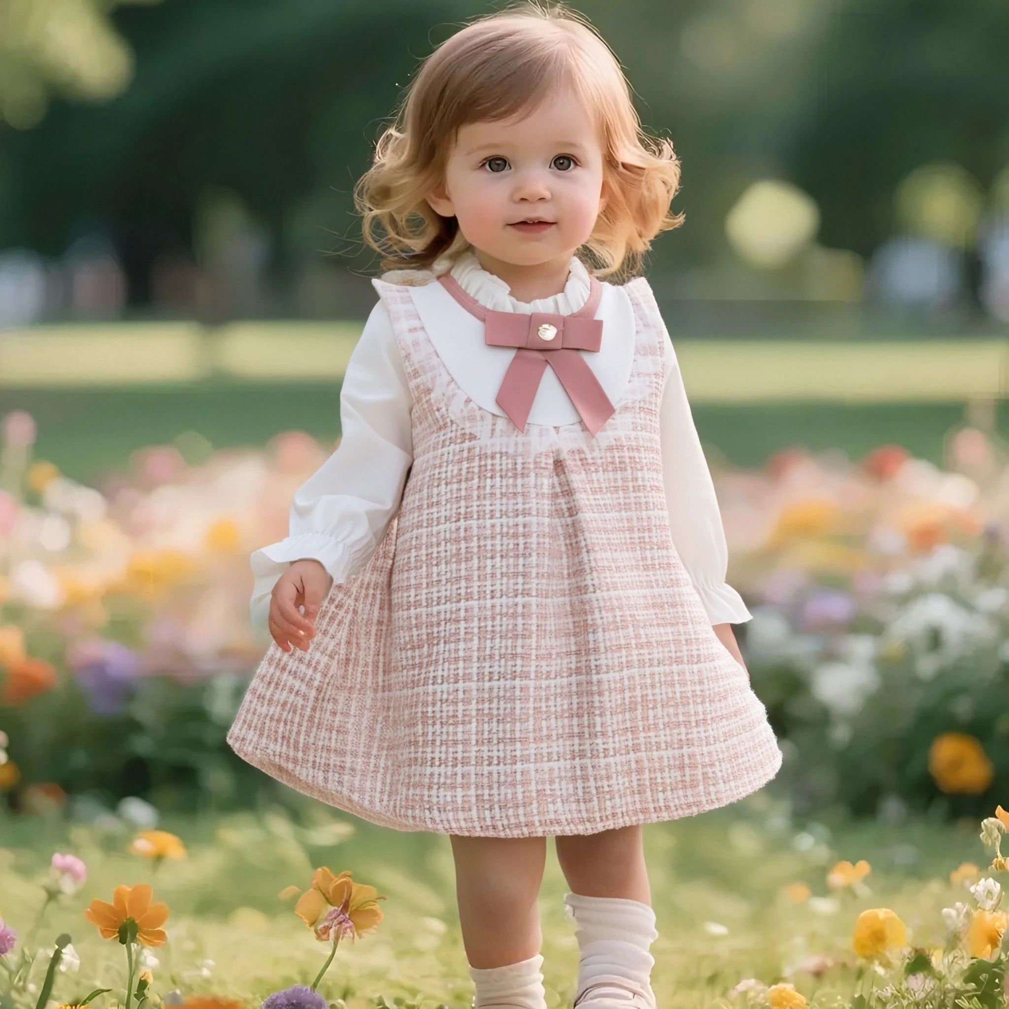 Color: Blue, Kid Size: 18M - Spring and Autumn New Baby Girl Long Sleeve Dress Fake Two Small Checkered Children's Clothes (0-3 Years Old)