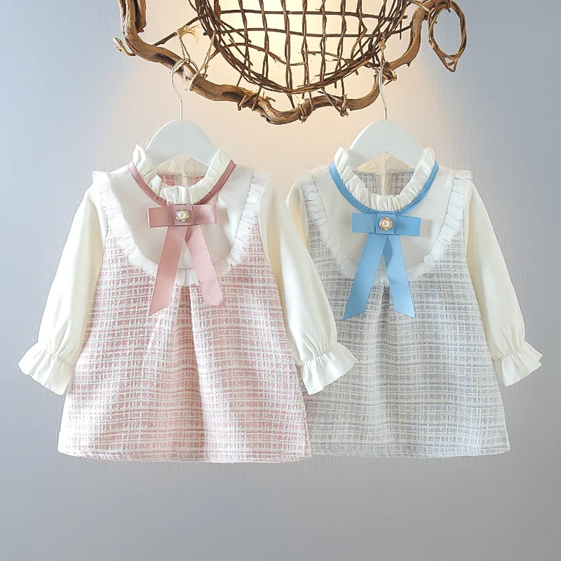 Color: Blue, Kid Size: 18M - Spring and Autumn New Baby Girl Long Sleeve Dress Fake Two Small Checkered Children's Clothes (0-3 Years Old)