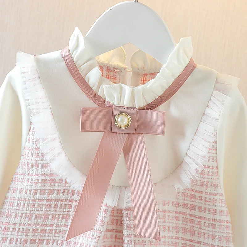 Color: Blue, Kid Size: 18M - Spring and Autumn New Baby Girl Long Sleeve Dress Fake Two Small Checkered Children's Clothes (0-3 Years Old)