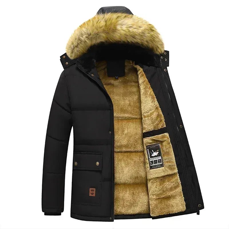 Color: black, Size: 4XL - 2024 New Men Winter Autumn Work Outwearing Parka Black Fleece Lined Thick Warm Hooded Fur Collar Coat Male Size 5XL Plush Jacket