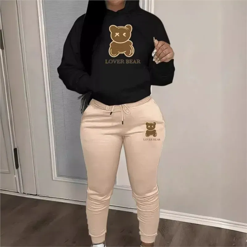 Color: Ivory, Size: XXXL - 2 Piece Set Women Outfit Letter Bear Print Hooded Neck Hoodies Sweatshirt Pants Tracksuit 2024 Plus Size Streetwear Casual Suit