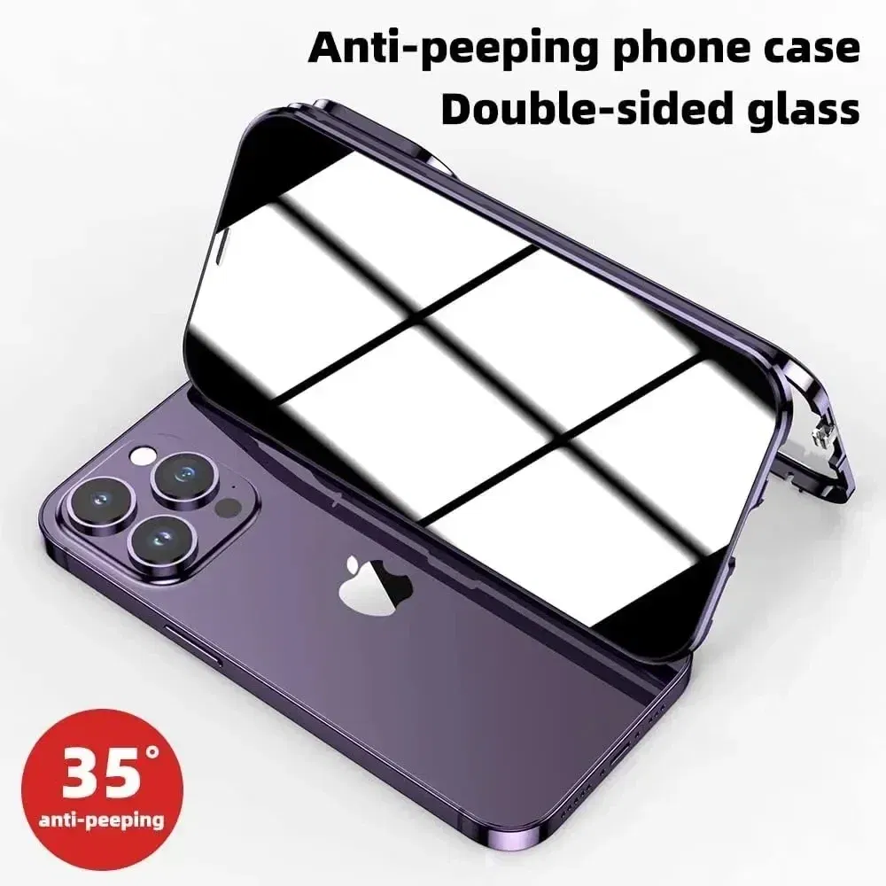 Color: Red, Material: PVC - Double-Sided Privacy Magnetic Case For iPhone 16 12 13 14 15 11 Pro Max 14 Plus 16 Plus Anti Peeping Full Cover Metal Frame Case