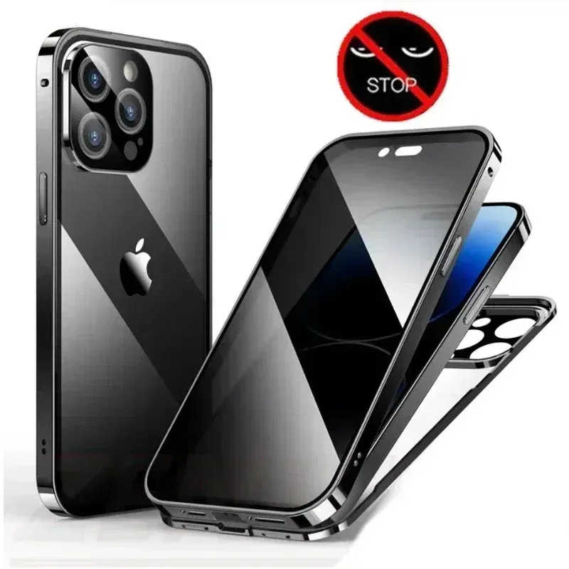 Color: Red, Material: PVC - Double-Sided Privacy Magnetic Case For iPhone 16 12 13 14 15 11 Pro Max 14 Plus 16 Plus Anti Peeping Full Cover Metal Frame Case