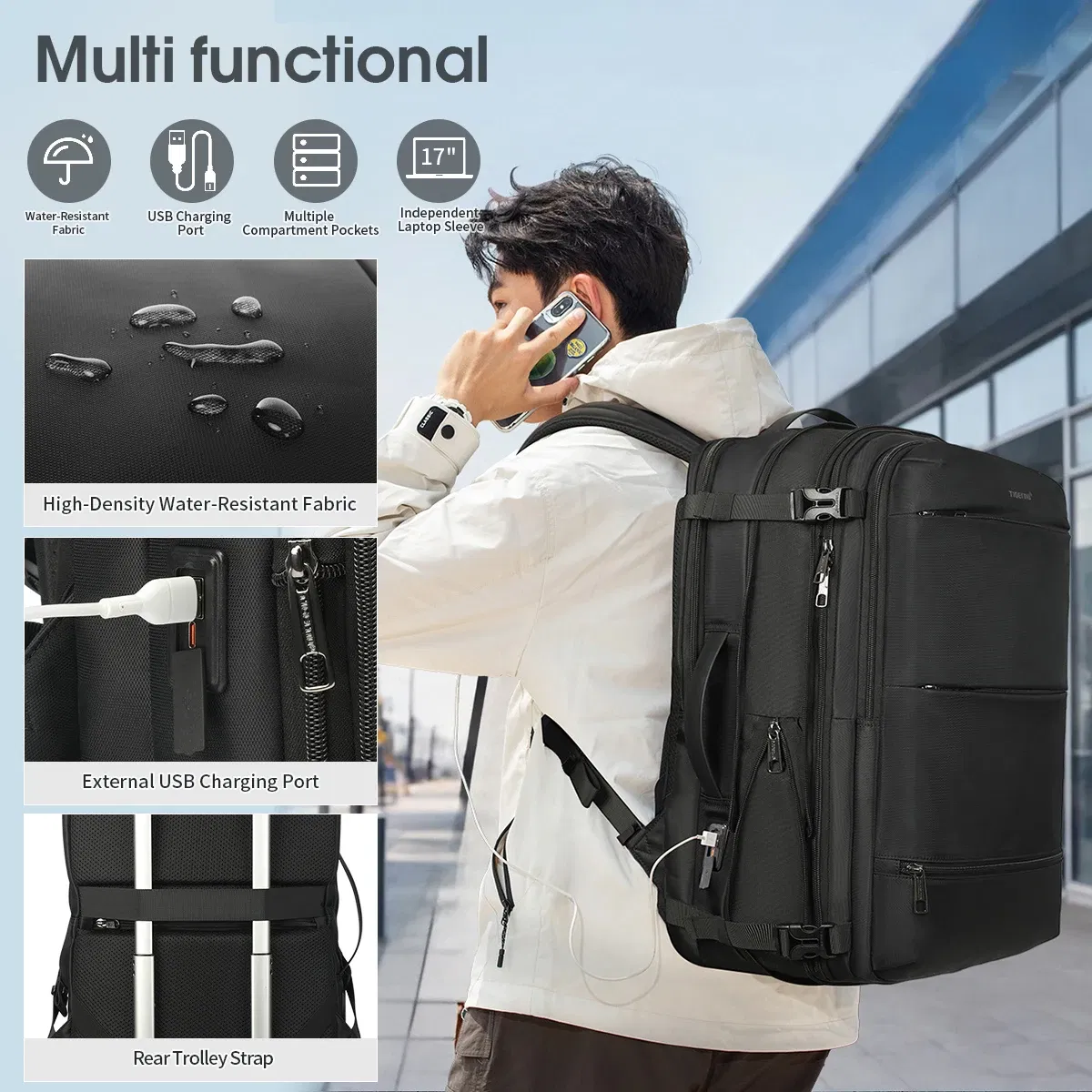 Color: Beige, Ships From: CHINA - Lifetime Warranty Travel Backpack Men Business Backpack Schoolbag Expandable USB Bag Large Capacity 17 Laptop Bag Waterproof Bag