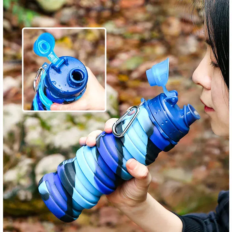 Color: Blue, Capacity: 0.5L - Portable Silicone Foldable Water Bottle, Outdoor Sports, Mountaineering, Riding, New, 2024