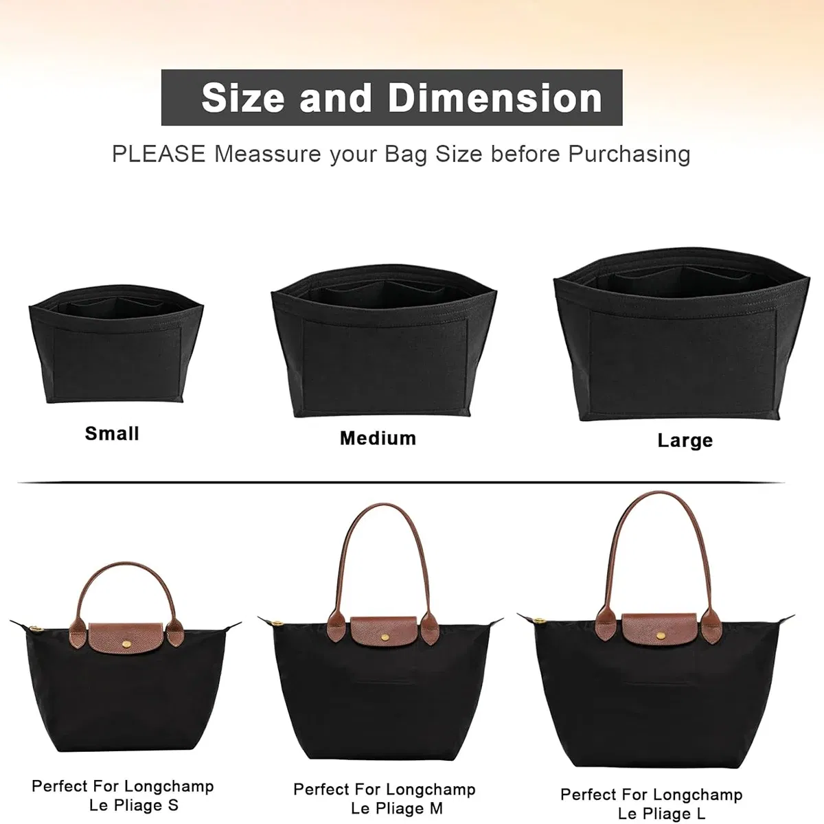 Color: Silver - Felt Purse Organizer Insert for Longchamp Le Pliage S/ML Handbag Insert