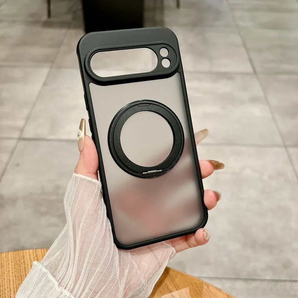Color: black, Compatibility by Model: Google Pixel 9 Pro XL - for Magsafe Matte Rotating Bracket Case for Google Pixel 10 9 Pro XL 8 7 6 9A 8A 7A 6A Holder Stand Transparent Shockproof Cover