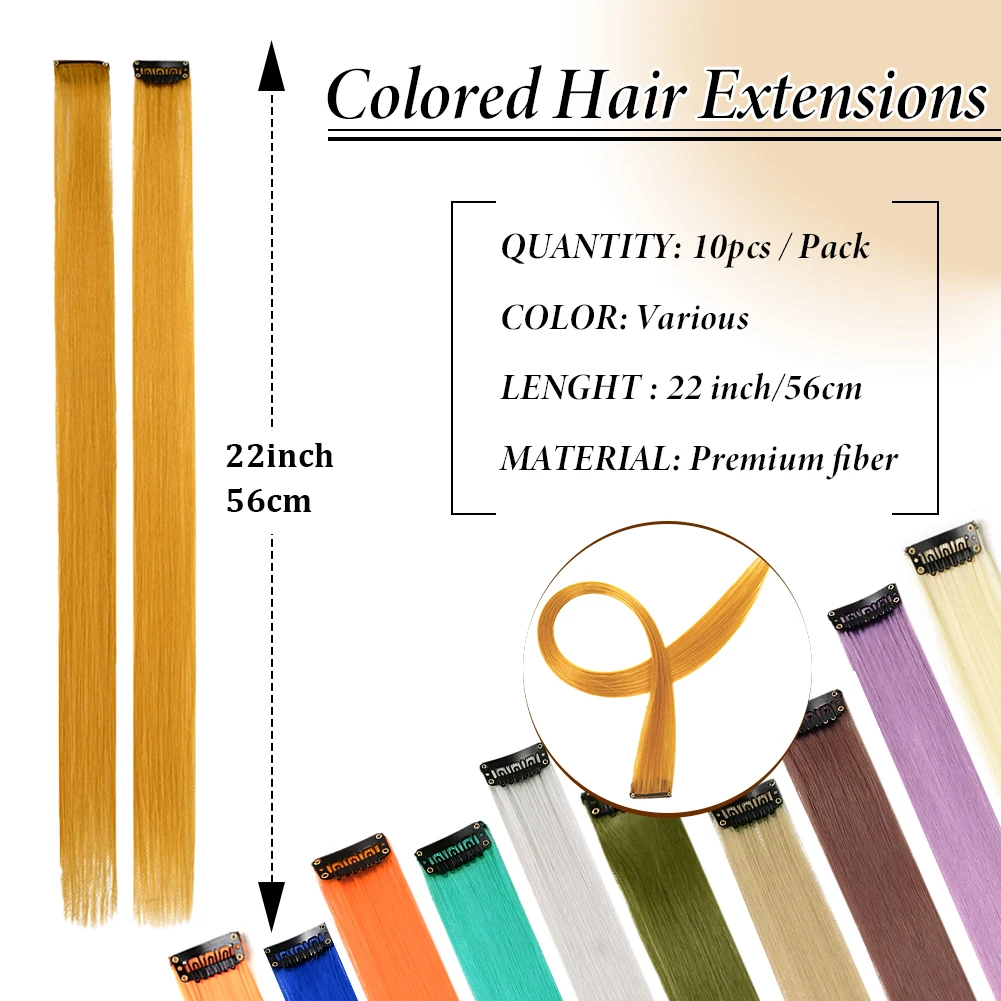 Color: NC/4HL, Stretched Length: 22inches, Ships From: CHINA - Synthetic 10 Pcs Straight Hair Extensions Clip in Hairpieces 22 Inch Hightlight Colorful Hair for Women Party Cosplay Gifts