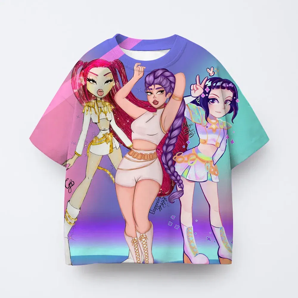 Color: Blue, Kid Size: 4 - T-shirt anime Kpop witch hunting group 3D printing children's T-shirt fashion casual cartoon T-shirt girls' children's clothing