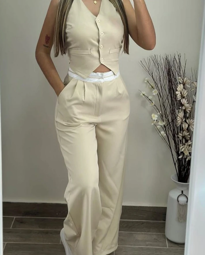 Color: Beige, Size: S - New Women's Two-Piece 2024 Summer Casual Sexy Elegant V-Neck Twist Button Tank Top and Pocket Design Pants Set Women's Set