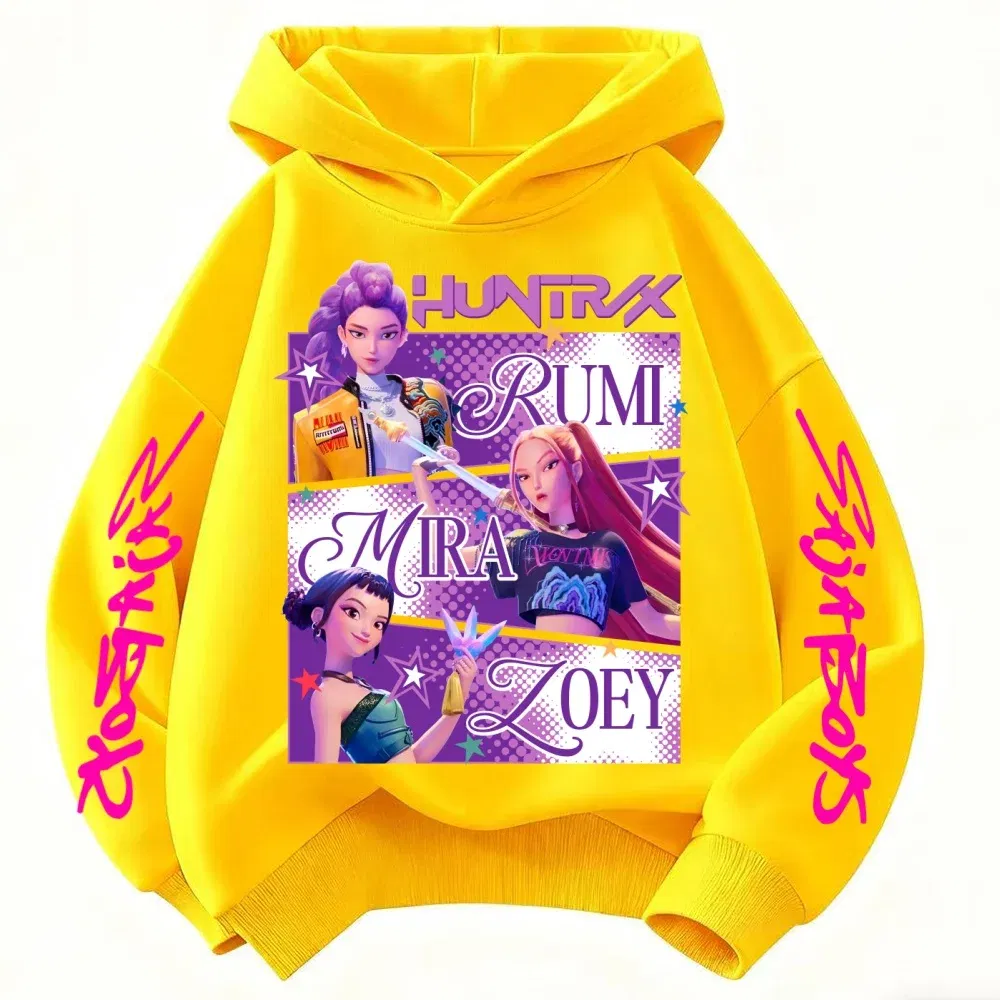 Color: Yellow, Kid Size: 4T - KPop Demon Hunters Huntrix Hoodie Kids Clothes Princess Girls Clothing Fashion Boys Clothes Spring Autumn Sweatshirt Child Tops