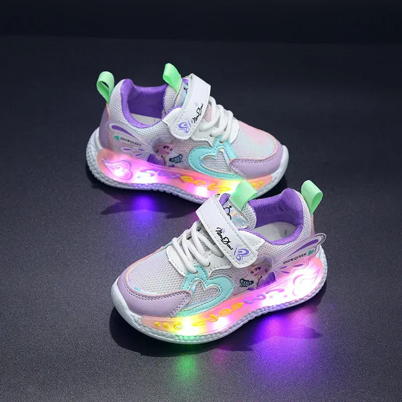 Color: Pink, Shoe Size: 7 - Disney Children Led Shoes Kids Girls Sneakers Frozen Elsa Princess Lighting Shoes Pink Purple Casual Sports Shoes Size 21-31