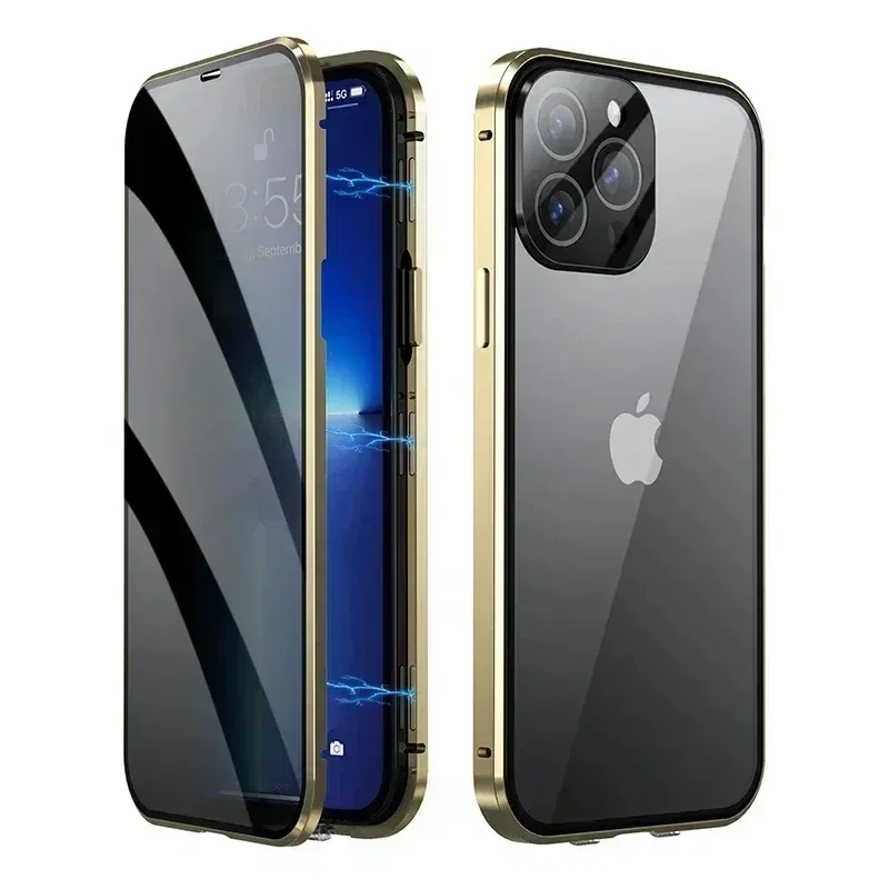 Color: Gold, Material: PVC - Double-Sided Privacy Magnetic Case For iPhone 16 12 13 14 15 11 Pro Max 14 Plus 16 Plus Anti Peeping Full Cover Metal Frame Case