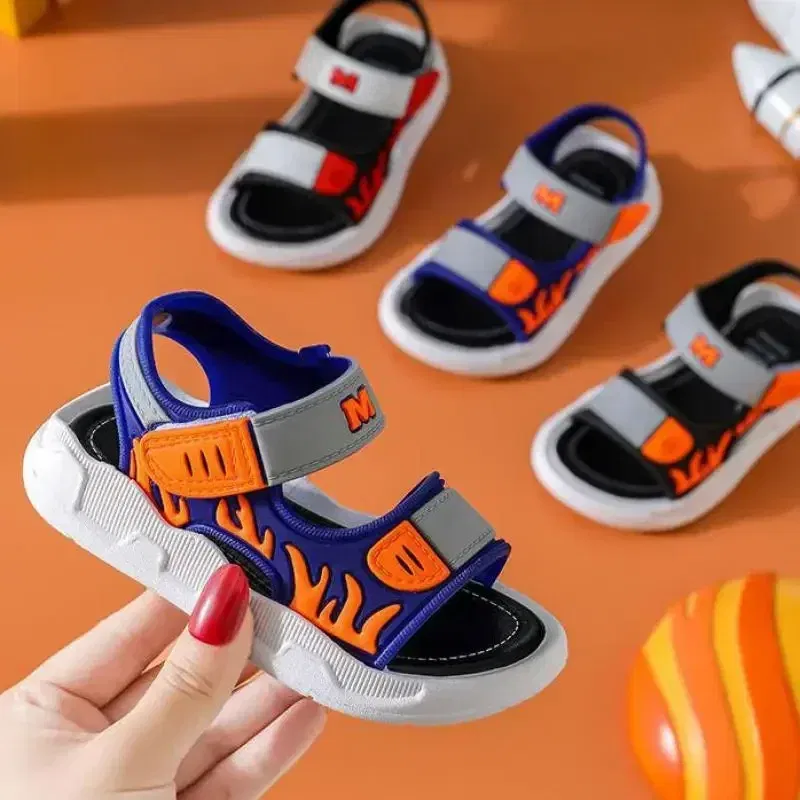 Color: Beige, Shoe Size: 35 - Baby Sandals Flame Pattern Boy Sandals Soft Sole Anti-slip Boys Girls Children Shoes