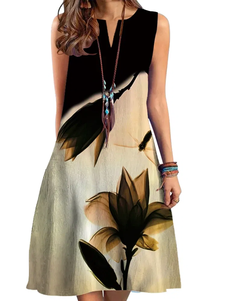 Size: XXL, Color: MULTI - 2024 European and American Cross-border WOMEN'S Clothing New Dress V-neck Sleeveless Sexy Printed Large Hem Medium Length Dress