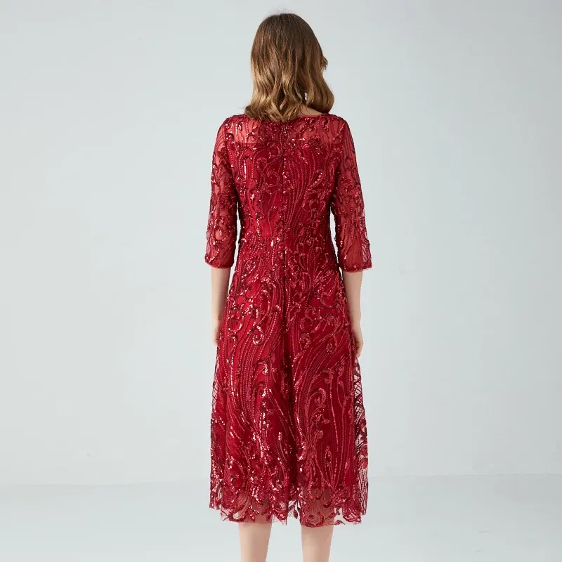 Color: Burgundy, Size: M - Women's Lace Dress Sequin Evening Dresses Spring and Autumn New Wedding Banquet Broad Wife Fat Plus Size Long Dress Long Red