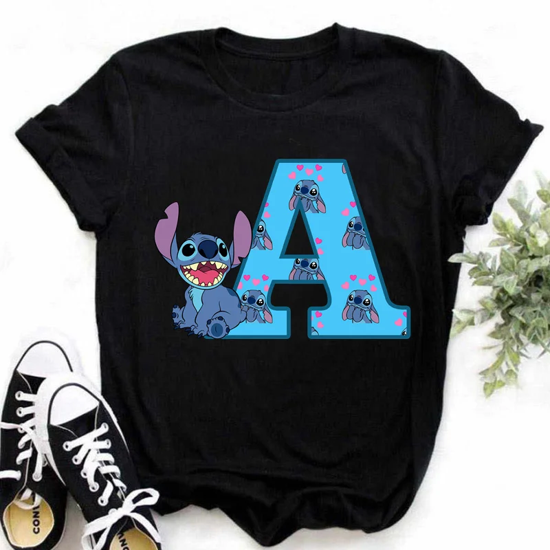 Color: Ivory, Size: XXL - Disney Lilo&Stitch A-Z Alphabet Summer Women's Printed T-Shirt Women's Casual Tops T-Shirt Fashion Cartoon Plus Size T-Shirt