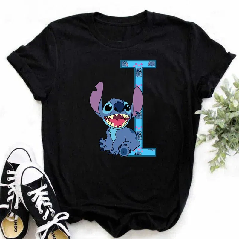 Color: Ivory, Size: XXL - Disney Lilo&Stitch A-Z Alphabet Summer Women's Printed T-Shirt Women's Casual Tops T-Shirt Fashion Cartoon Plus Size T-Shirt