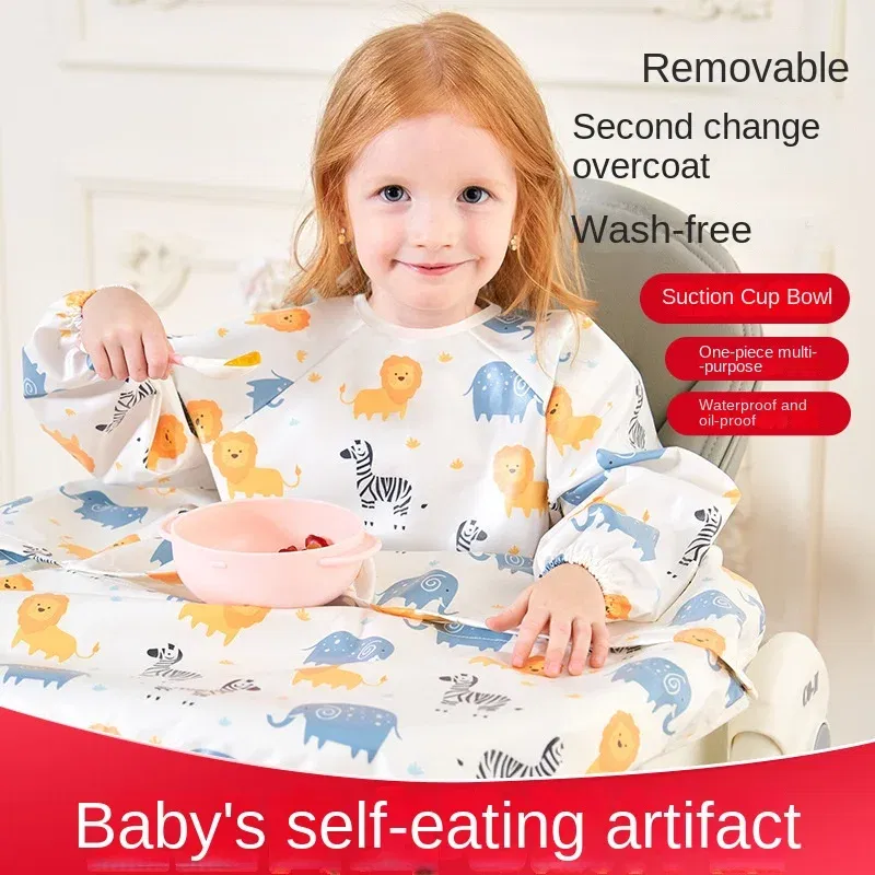 Color: WHITE, Size: One Size - Clean Feeding Bib for Baby Boys Girl 8M-5Y Waterproof Bib Apron Smock with Table Cover Infant Mess-Free Kids Full Coverage Bib