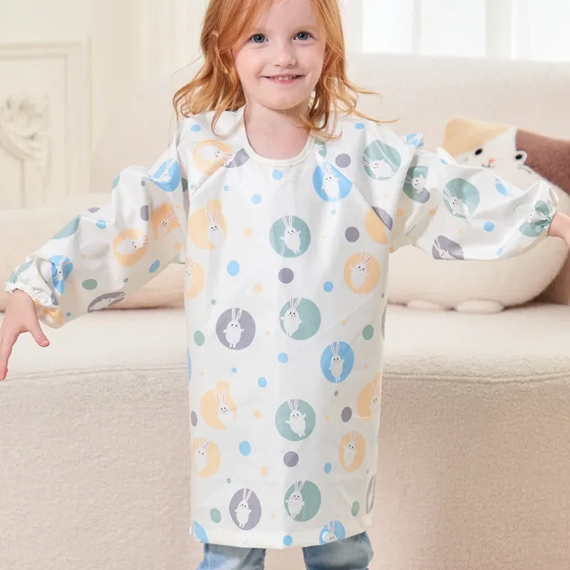 Color: WHITE, Size: One Size - Clean Feeding Bib for Baby Boys Girl 8M-5Y Waterproof Bib Apron Smock with Table Cover Infant Mess-Free Kids Full Coverage Bib