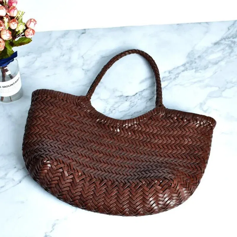 Color: Blue, Size: Extra Large - Hand Knitted Designer Genuine Leather Elegant ?‹Handle Female Totes Vintage Women's Handbag Cowskin Lady Large Shoulder Bag