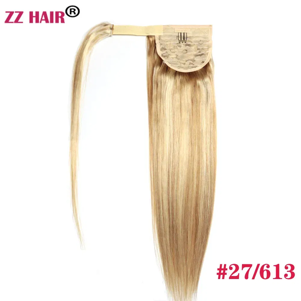 Color: P27/613, Life Span: 6 Months With Proper Care, Stretched Length: 22INCHES, Longest Hair Proportion: 35%-45% - ZZHAIR 100% Human Hair Extensions 16"-28" Machine Made Remy Magic Wrap Around Ponytail 60g-120g Clip In Horsetail Stragiht