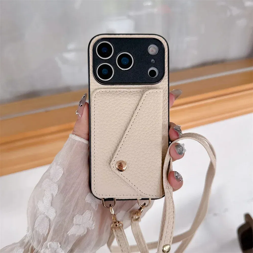Material: Pc + tpu, Color: SKY BLUE - Crossbody wallet card holder phone case For iPhone 17Air 16, 15, 14, 13, 12, 11 Pro Max, XR with lanyard protective cover