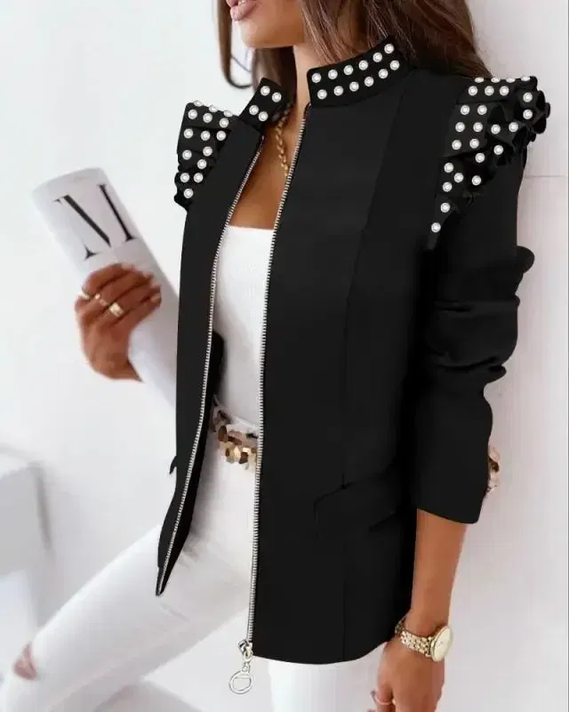 Color: GRAY, Size: XL - 2022 Autumn and Winter Ruffled Long-sleeved Zipper Print Small Suit Jacket Women Blazers for Women Cropped Blazer Ladies Tops