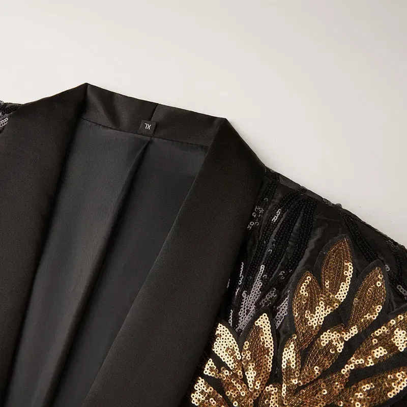 Color: black, Size: XL - Men's Gold Sequin Applique Fashion Trend Suit Set High-Quality Casual Jacket And Western Pants Two-Piece Ensemble