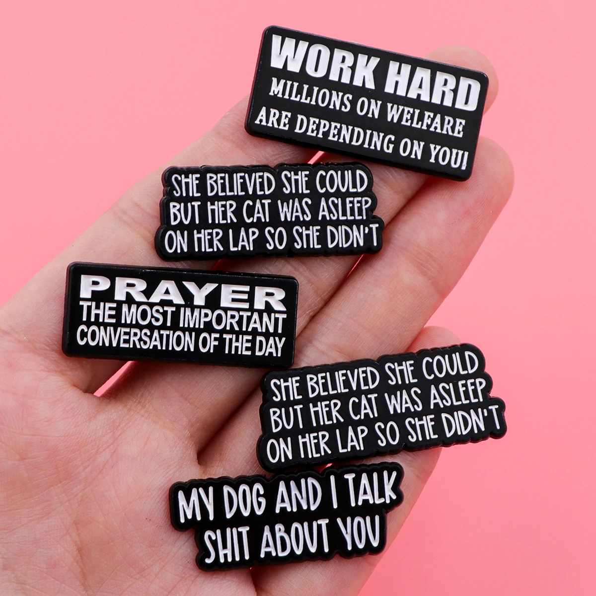 Metal color: Rhodium Plated - Funny Quotes Enamel Pin Black Brooch Pines Lapel Pins Letters Badge on Backpack Clothing Accessories Fashion Jewelry Gifts