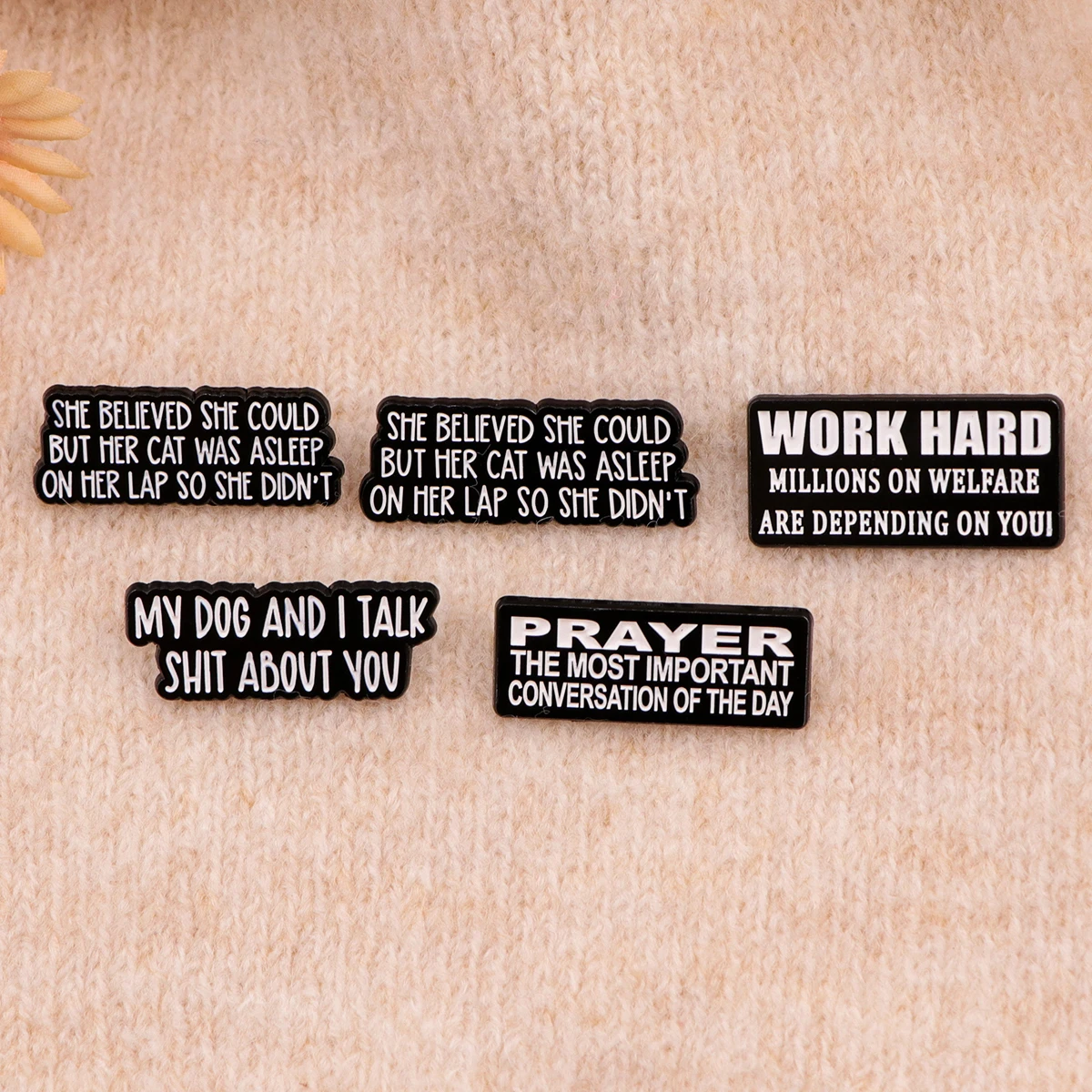 Metal color: Rhodium Plated - Funny Quotes Enamel Pin Black Brooch Pines Lapel Pins Letters Badge on Backpack Clothing Accessories Fashion Jewelry Gifts
