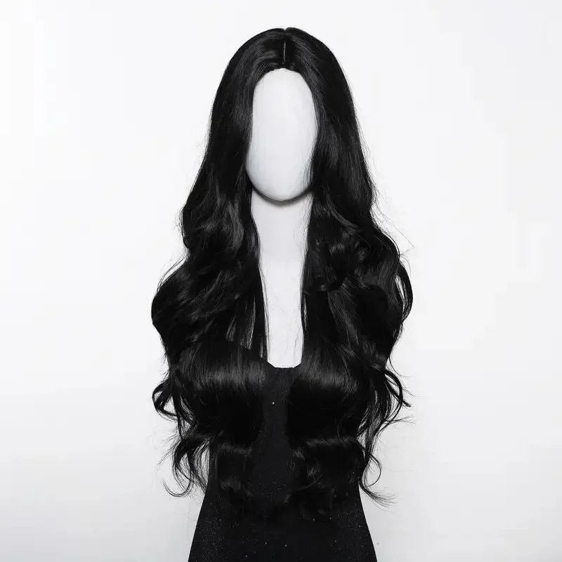 Color: #17 - Black synthetic wig with middle-parted long hair and big waves for party or daily use. High-temperature synthetic hair cap.
