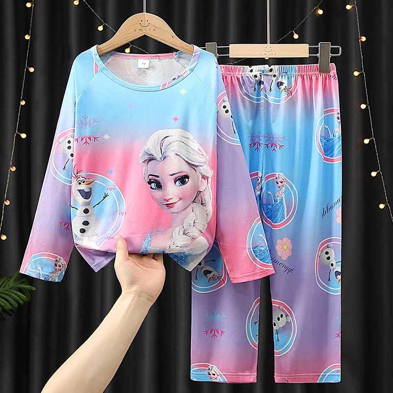 Color: SKY BLUE, Kid Size: 7 - 2pcs/set New Children Pyjamas Minnie Elsa Duck Cartoon Girls Sets Kid Home Wear boys and girls Travel Casual Sleepwear Suit