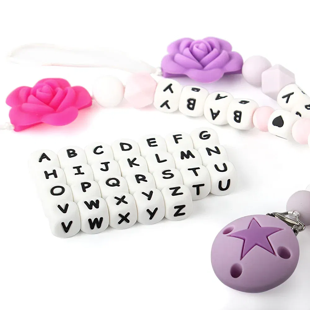 Color: DARK GRAY - 100Pcs Baby Teether 12mm Silicone Letters Beads Pacifier Clip Chain Personalized Name Letter Beads Teething Nursing Toy BPA Free