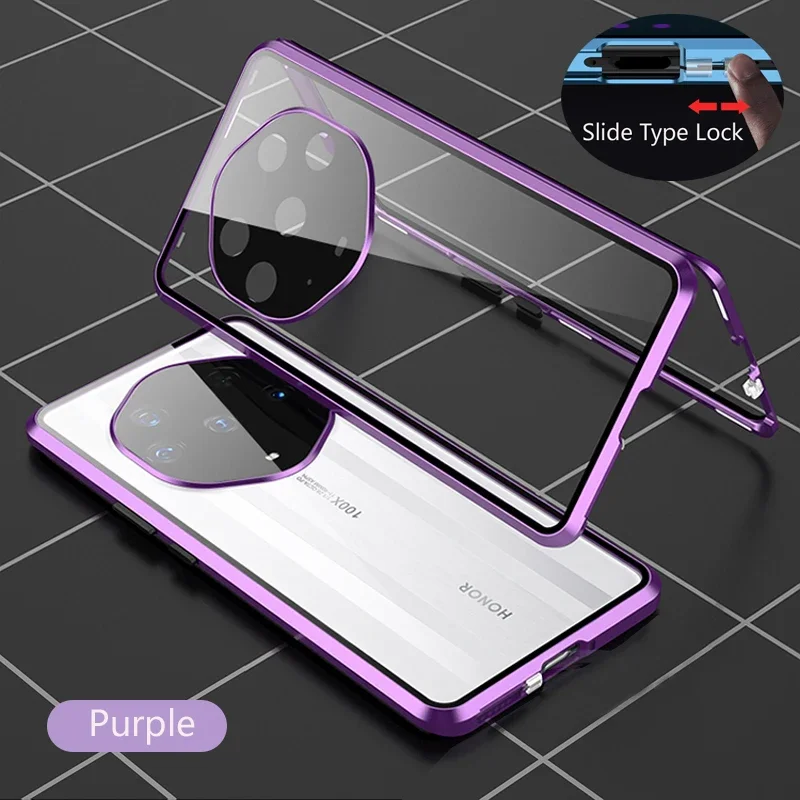 Color: PURPLE, Material: PP - Double Sided Glass Magnetic Metal Snap Lock Phone Case For Honor Magic 4 5 Ultimate 6 Lite 7 Pro Lens Protection Cover Cases