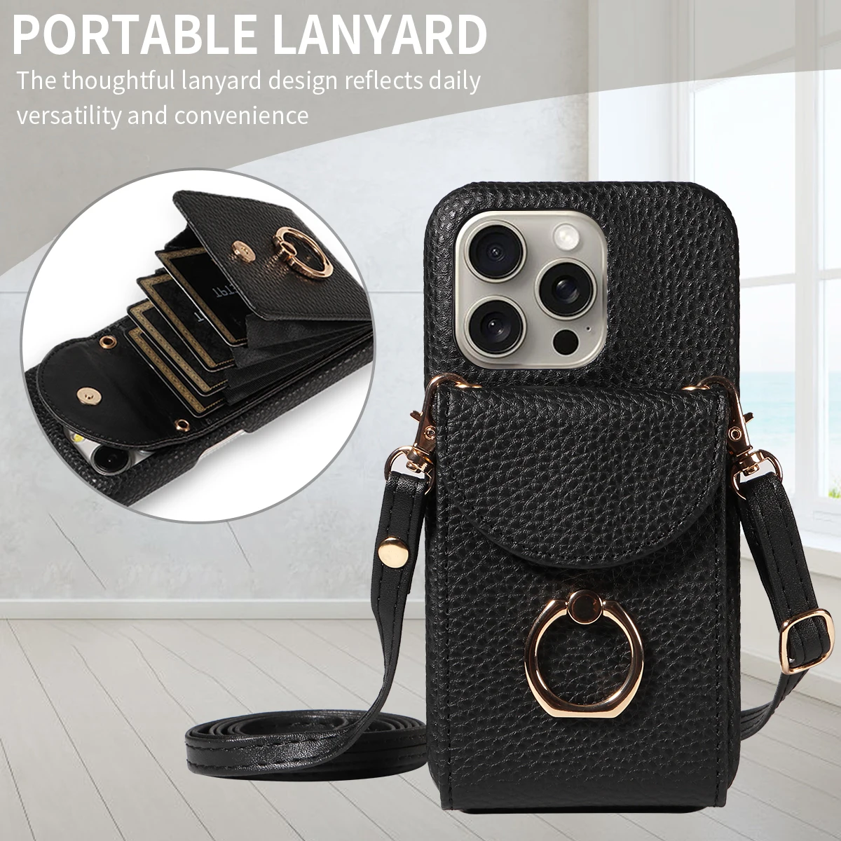 Color: black, Compatible-Phone Models: For iPhone 15 Pro Max, Bundle: Case & Strap, Material: Artificial Leather - High Quality Ring Stand Lychee Pattern Phone Case for IPhone16promax15 14 13 Crossbody with Lanyard PU Leather Anti-fall Cover