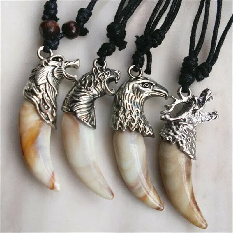 Metal Color: Steel color, Length: 60cm, Ships From: CHINA - 8 style Punk Alloy Wolf Leopard head Eagle Head Tiger Teeth Pendant Necklace  Charms Beads Sweater Chain Rope Women Amulet