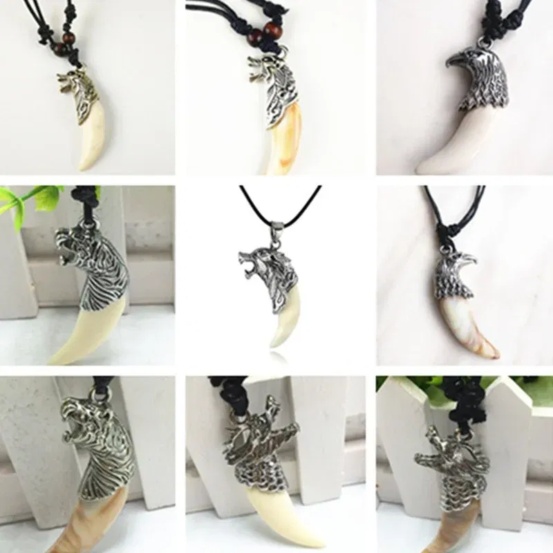 Metal Color: Steel color, Length: 60cm, Ships From: CHINA - 8 style Punk Alloy Wolf Leopard head Eagle Head Tiger Teeth Pendant Necklace  Charms Beads Sweater Chain Rope Women Amulet