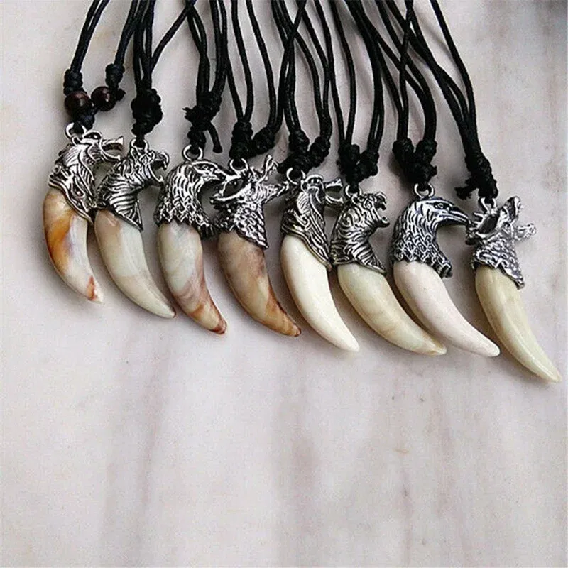 Metal Color: Steel color, Length: 60cm, Ships From: CHINA - 8 style Punk Alloy Wolf Leopard head Eagle Head Tiger Teeth Pendant Necklace  Charms Beads Sweater Chain Rope Women Amulet
