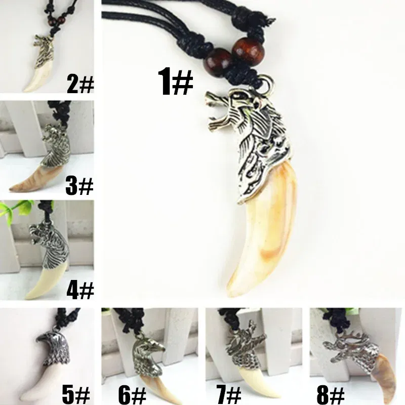 Metal Color: Steel color, Length: 60cm, Ships From: CHINA - 8 style Punk Alloy Wolf Leopard head Eagle Head Tiger Teeth Pendant Necklace  Charms Beads Sweater Chain Rope Women Amulet
