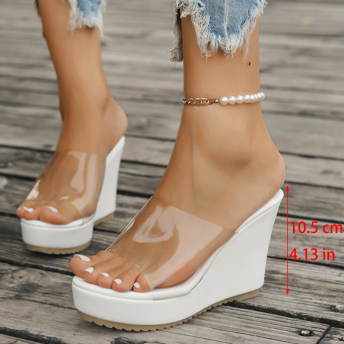 Color: WHITE, Shoe Size: 38 - 2024 Women Sandals New Casual Heels Woman Transparent Platform Wedges Non-slip Shoes Ladies Summer High Heel Large Size 35~43