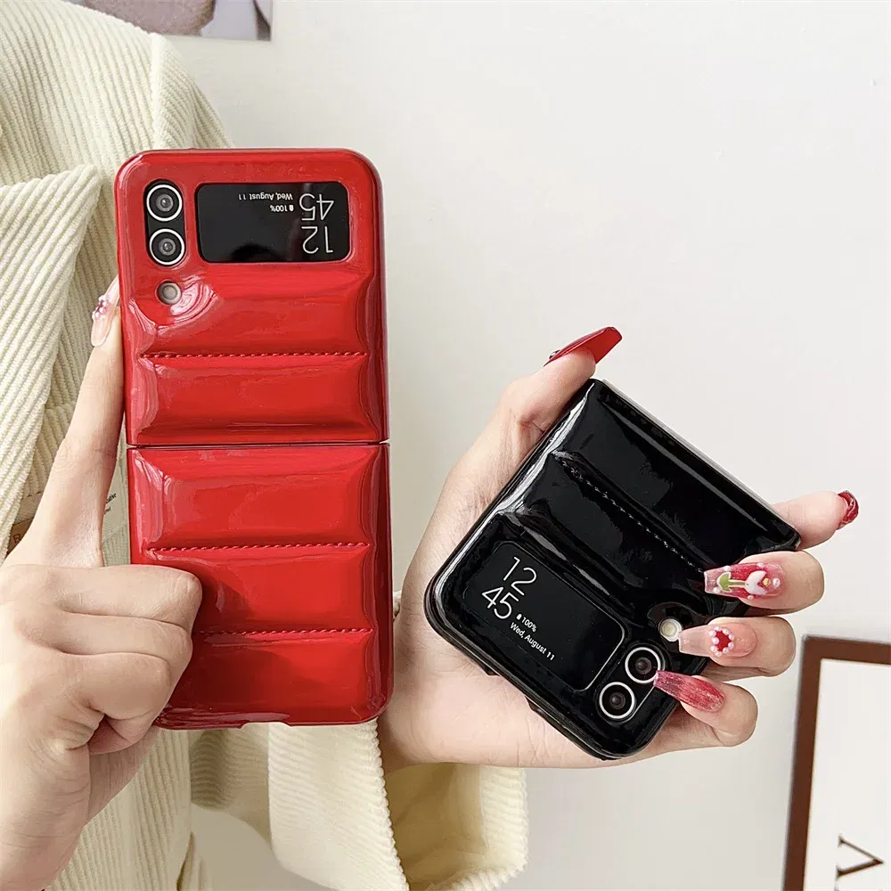 Material: Aluminum, Color: Beige - for Samsung ZFlip5 Luxury Down Jacket Glossy Case for Samsung Galaxy Z Flip 5 4 3 flip4 Solid Color Plating Soft Silicone Cover