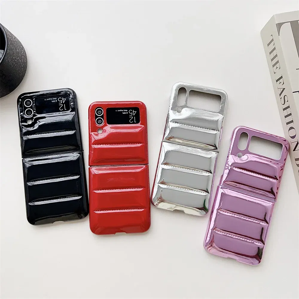 Material: Aluminum, Color: Beige - for Samsung ZFlip5 Luxury Down Jacket Glossy Case for Samsung Galaxy Z Flip 5 4 3 flip4 Solid Color Plating Soft Silicone Cover