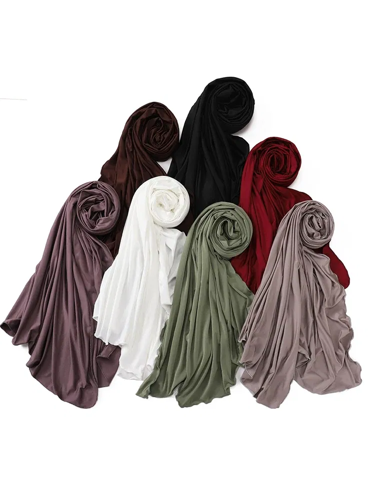 Color: red brown - Luxury Wavy Edge Jersey Hijab for Women Solid Color Milk Silk Scarf Headscarf Autumn Shawl Stretchy Chiffon Scarf Ramanda