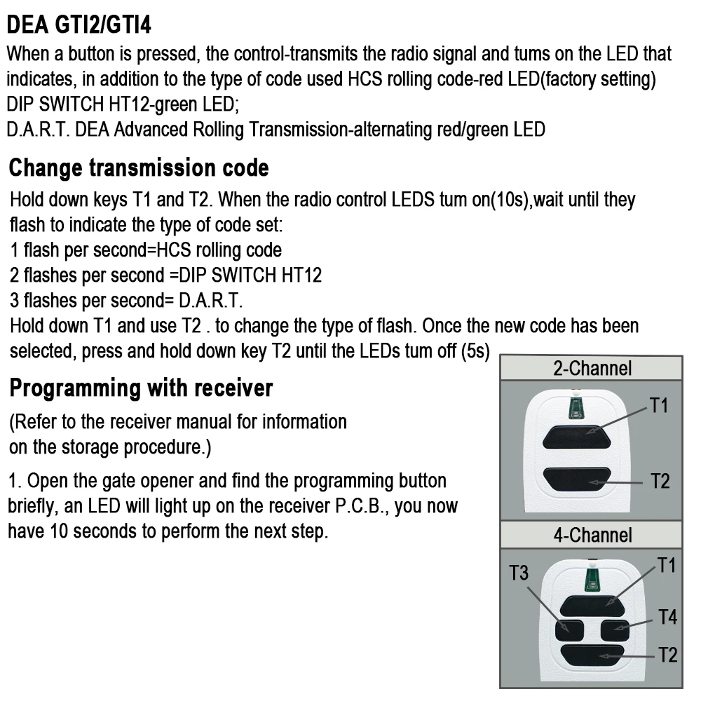 Color: WHITE - DEA GTI2 GTI4 GT2 GT4 MIO TR2 TR4 TD2 TD4 GOLD 288 289 TR2N TR4N Garage Door Remote Control 433.92MHz Rolling Code Fixed Code